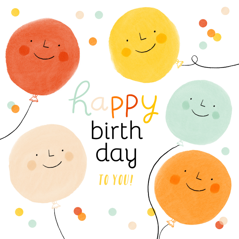 Verjaardagskaarten - Vrolijk verjaardagskaartje met smiley ballonnen en confetti