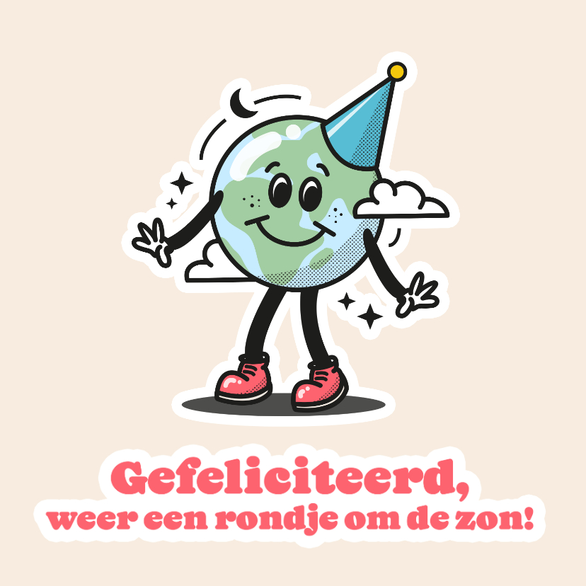 Verjaardagskaarten - Vrolijk verjaardagskaartje met wereldbolletje met feesthoed