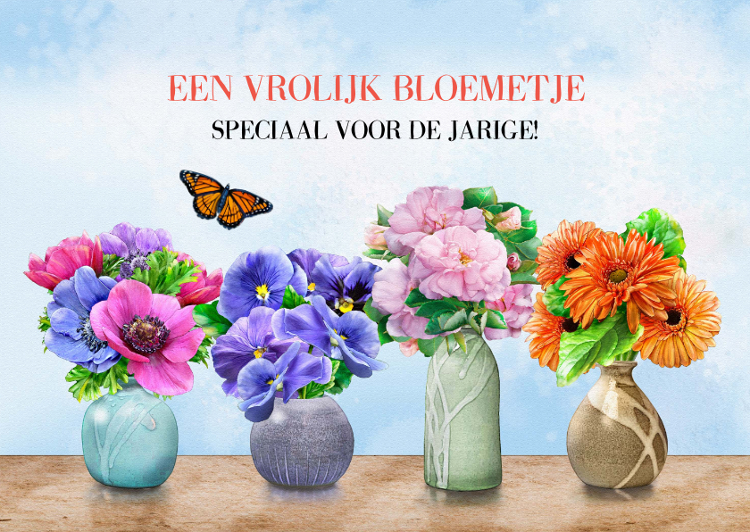 Verjaardagskaarten - Vrolijke bloemenkaart met kleurrijke bloemen in 4 vaasjes