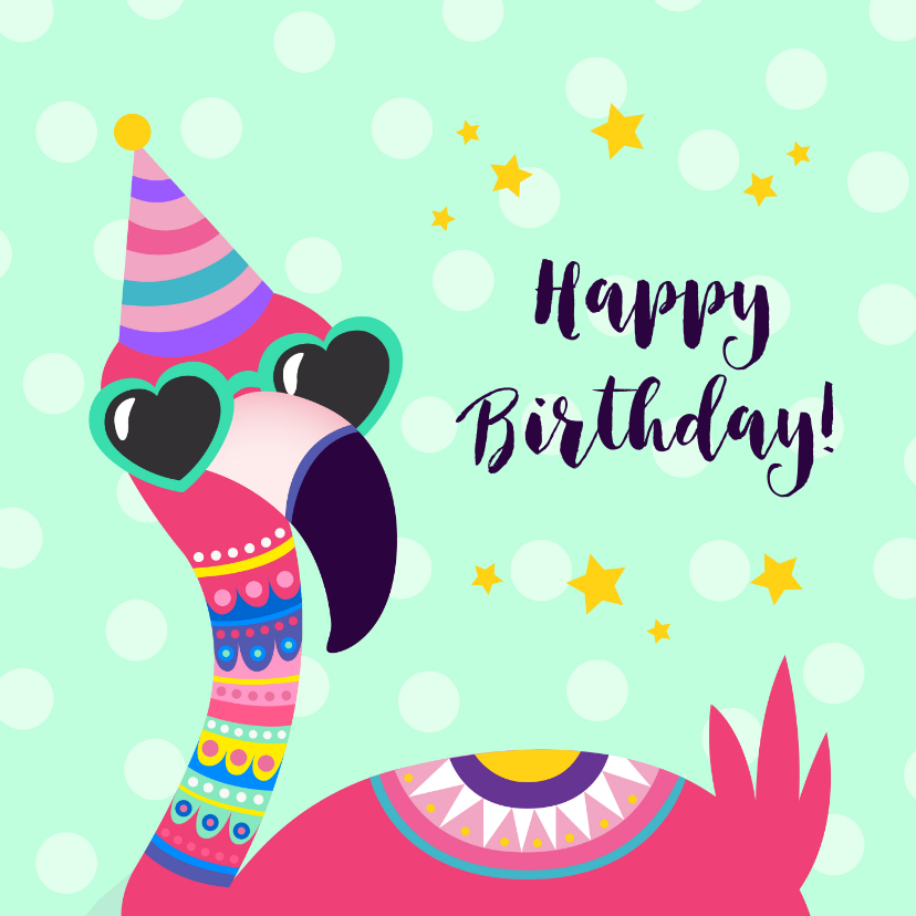 Verjaardagskaarten - Vrolijke en grappige verjaardagskaart met flamingo met bril