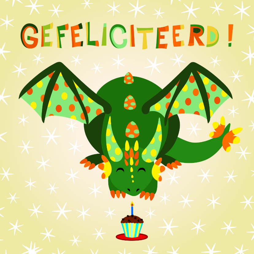 Vrolijke en kleurrijke verjaardagskaart met groene draak - Verjaardagskaarten Verjaardagskaarten - Vrolijke en kleurrijke verjaardagskaart met groene draak