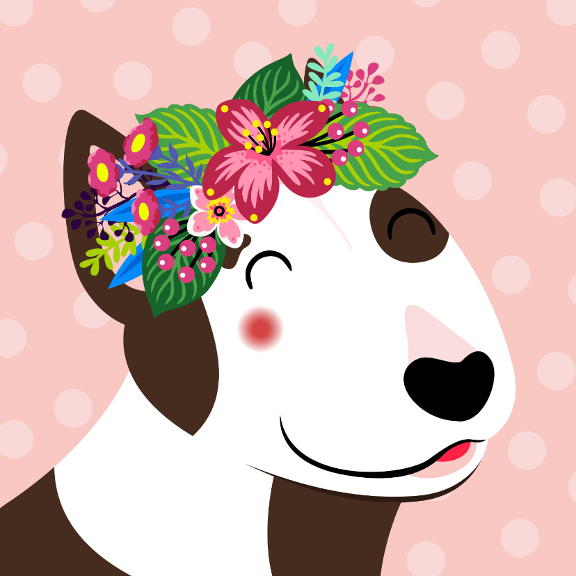 Vrolijke en kleurrijke verjaardagskaart met hond en bloemen - Verjaardagskaarten Verjaardagskaarten - Vrolijke en kleurrijke verjaardagskaart met hond en bloemen