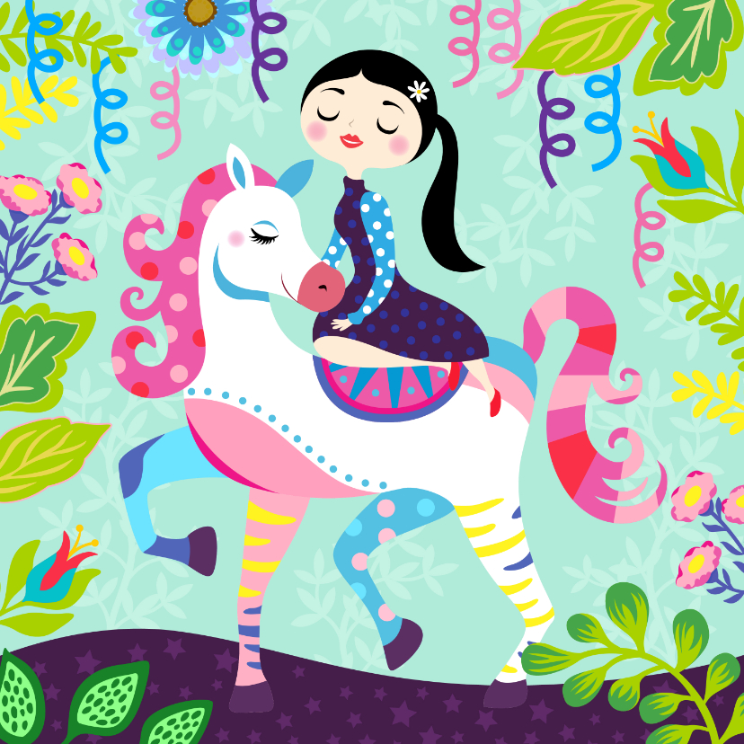 Vrolijke en kleurrijke verjaardagskaart met meisje op paard - Verjaardagskaarten Verjaardagskaarten - Vrolijke en kleurrijke verjaardagskaart met meisje op paard