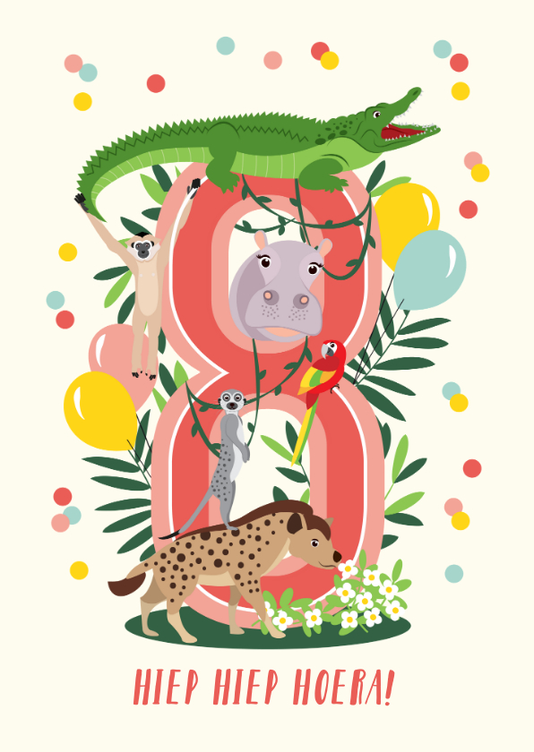 Verjaardagskaarten - Vrolijke felicitatiekaartje met jungle dieren 8 jaar roze