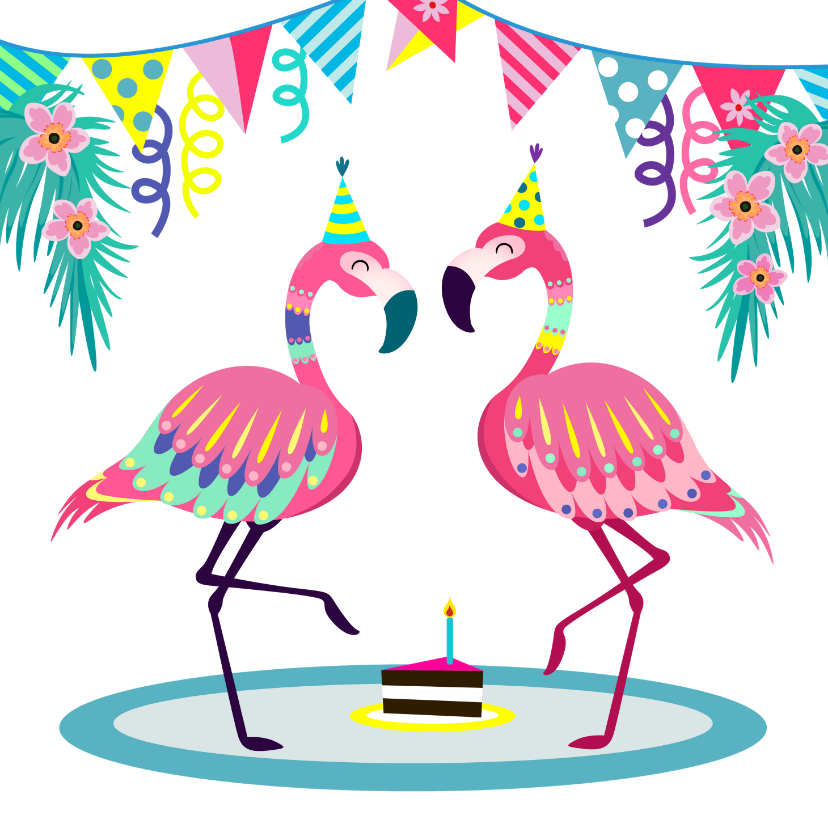 Verjaardagskaarten - Vrolijke flamingo's verjaardagskaart met slingers