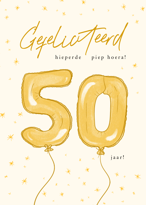 Verjaardagskaarten - Vrolijke gele verjaardagkaart 50 jaar met cijfer ballonnen