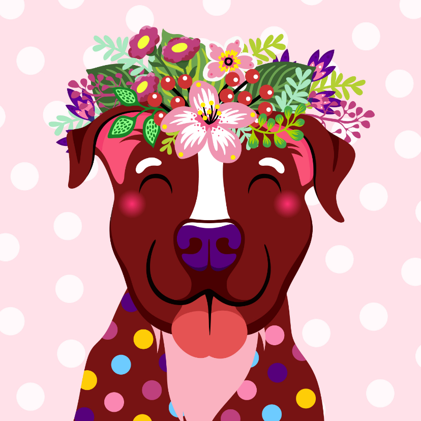 Verjaardagskaarten - Vrolijke hond met bloementooi verjaardagskaart