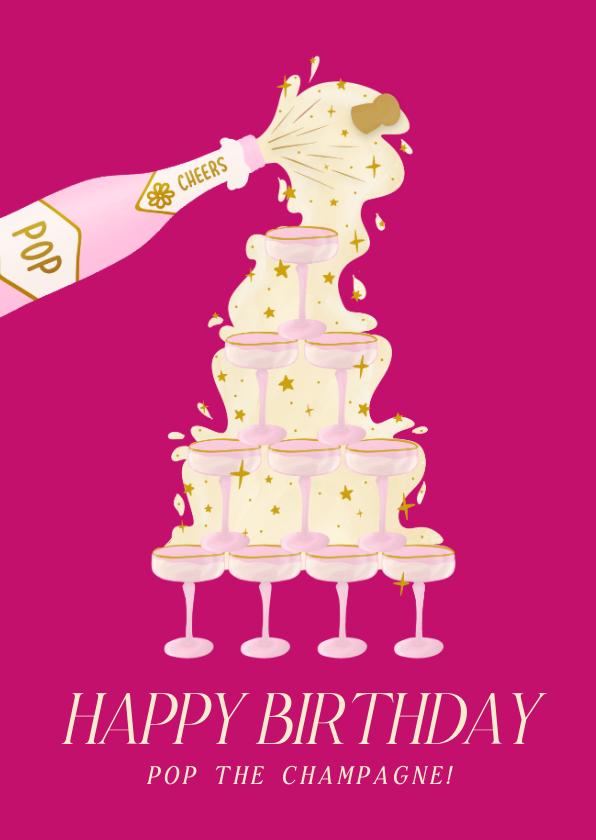 Verjaardagskaarten - Vrolijke knalroze verjaardagskaart met champagnetoren