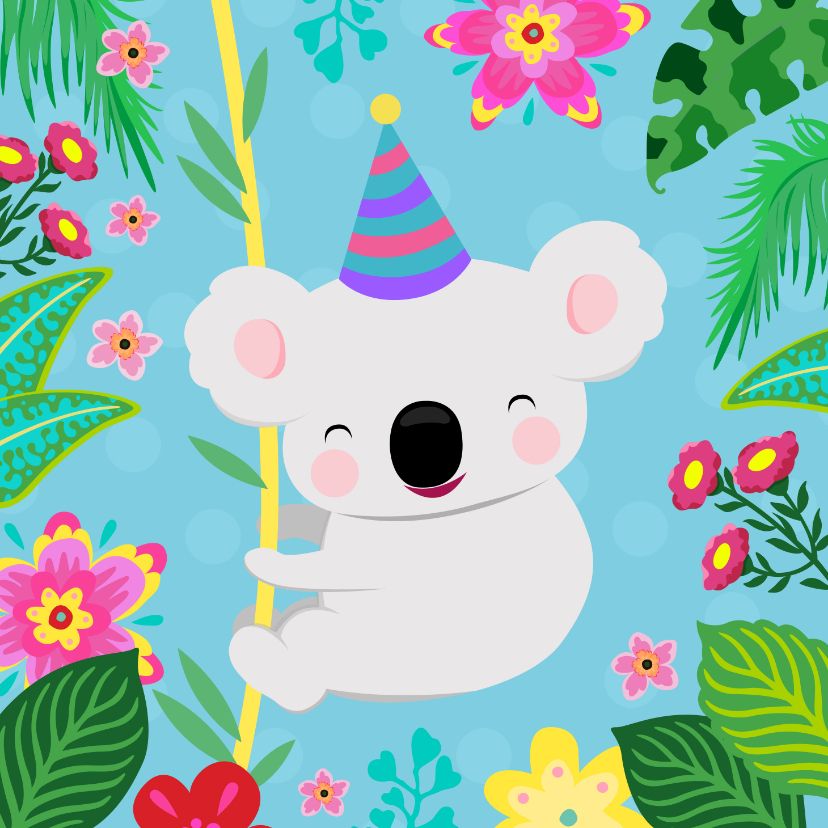 Verjaardagskaarten - Vrolijke koala en planten kleurrijke verjaardagskaart 