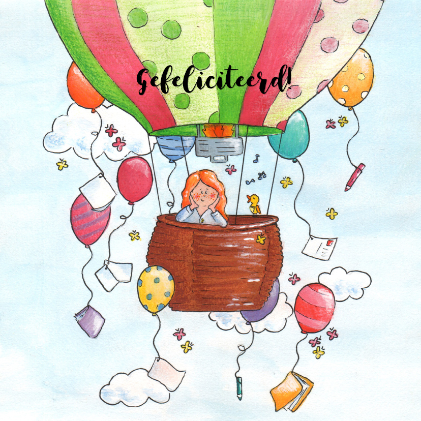 Verjaardagskaarten - Vrolijke luchtballon met ballon