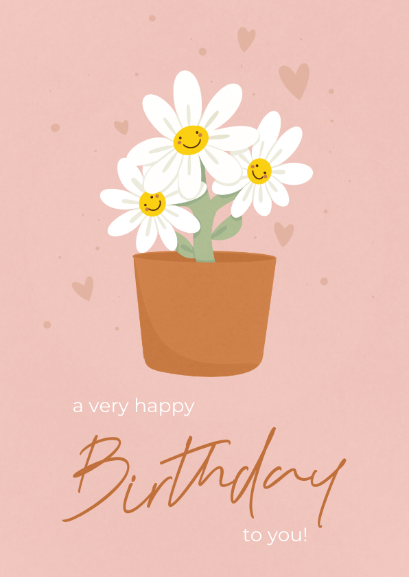 Verjaardagskaarten - Vrolijke roze verjaardagskaartje met lachende bloemen