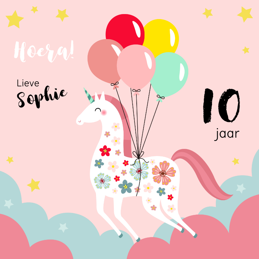 Verjaardagskaarten - Vrolijke unicorn verjaardagskaart met ballonnen