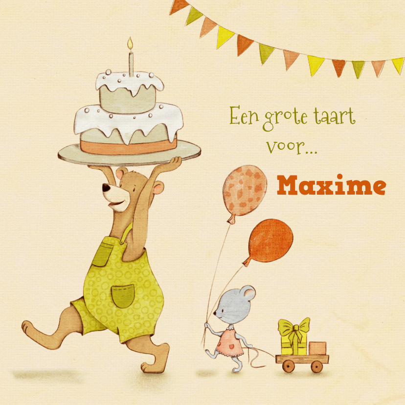 Verjaardagskaarten - Vrolijke verjaardagskaart grote taart met beer en muis