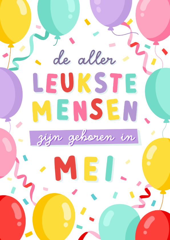 Verjaardagskaarten - Vrolijke verjaardagskaart jarig in mei met ballonnen