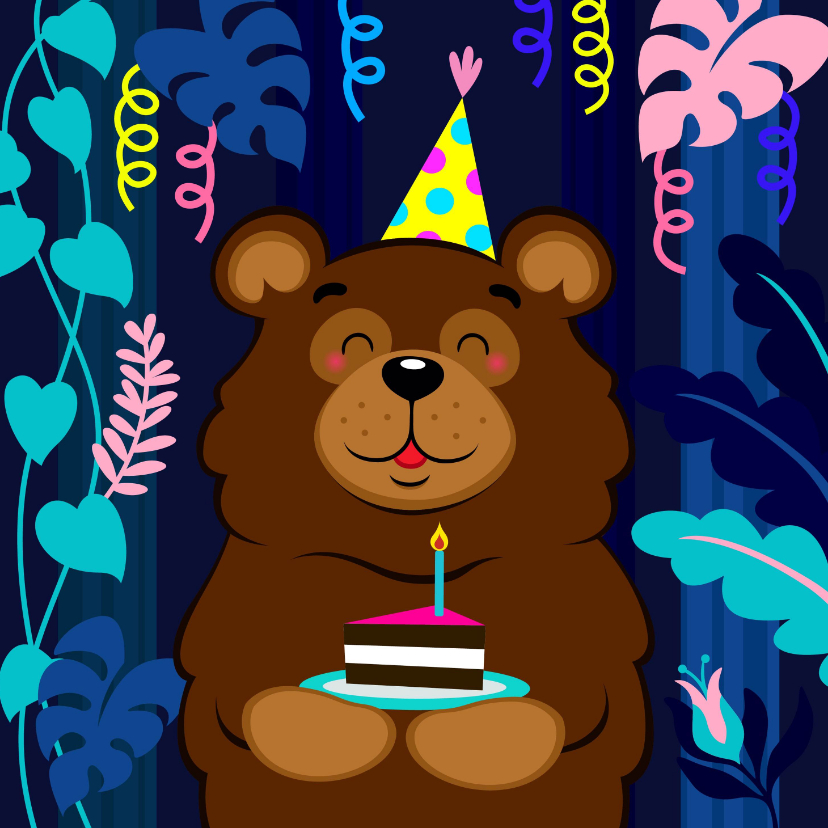 Verjaardagskaarten - Vrolijke verjaardagskaart met beer met taart