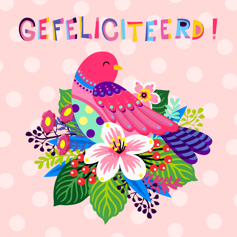 Vrolijke verjaardagskaart met bloemen en vogel - Verjaardagskaarten Verjaardagskaarten - Vrolijke verjaardagskaart met bloemen en vogel