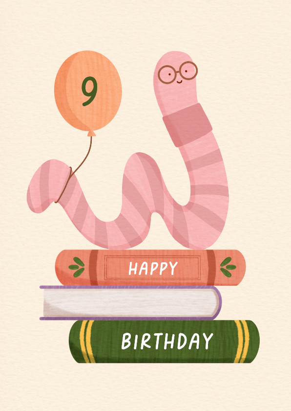 Verjaardagskaarten - Vrolijke verjaardagskaart met boekenworm illustratie