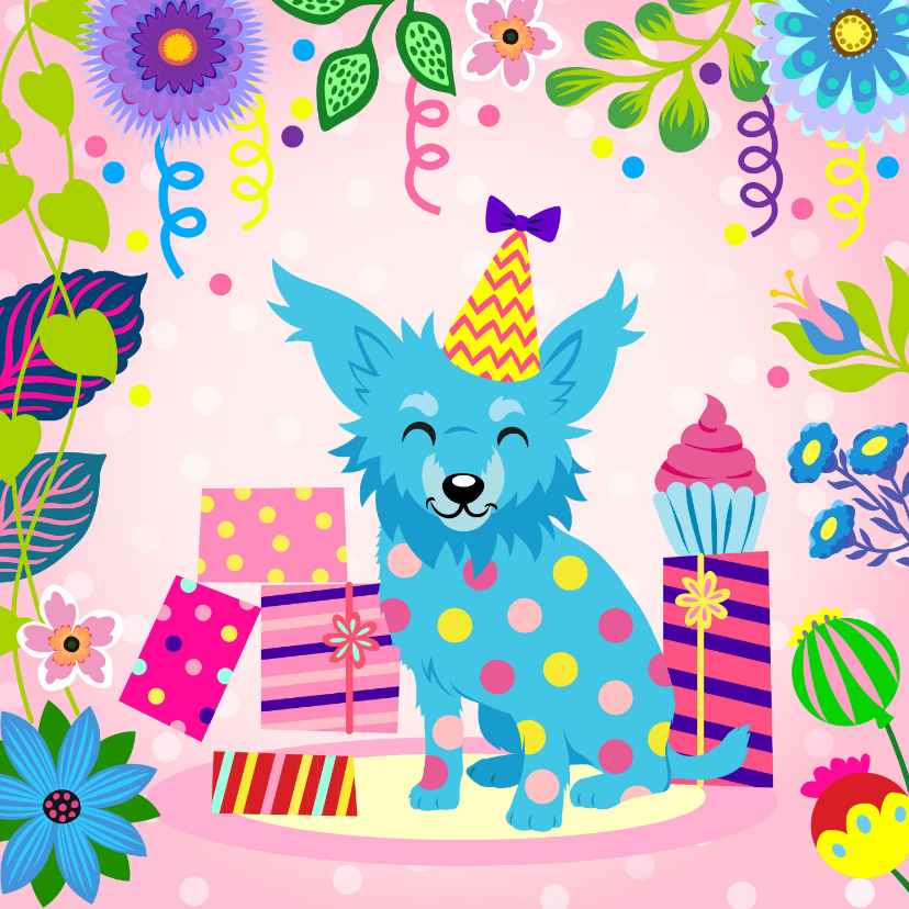 Verjaardagskaarten - Vrolijke verjaardagskaart met chihuahua, cadeaus en slingers