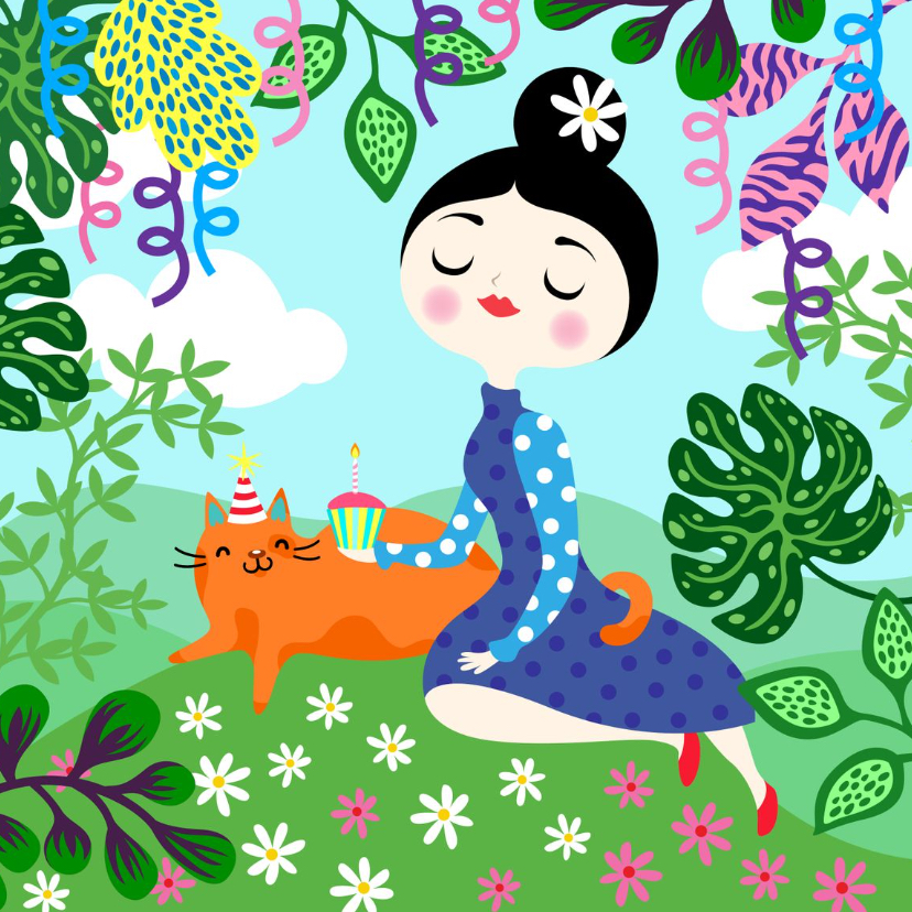 Vrolijke verjaardagskaart met dame, kat, planten en slingers - Verjaardagskaarten Verjaardagskaarten - Vrolijke verjaardagskaart met dame, kat, planten en slingers