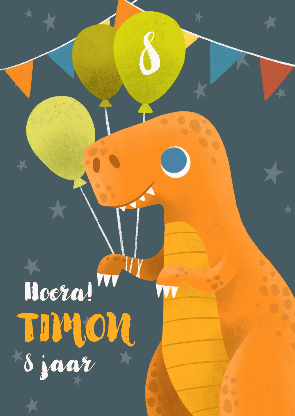 Verjaardagskaarten - Vrolijke verjaardagskaart met dino, slingers en ballonnen