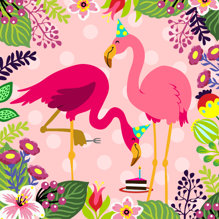 Verjaardagskaarten - Vrolijke verjaardagskaart met flamingo's en taart