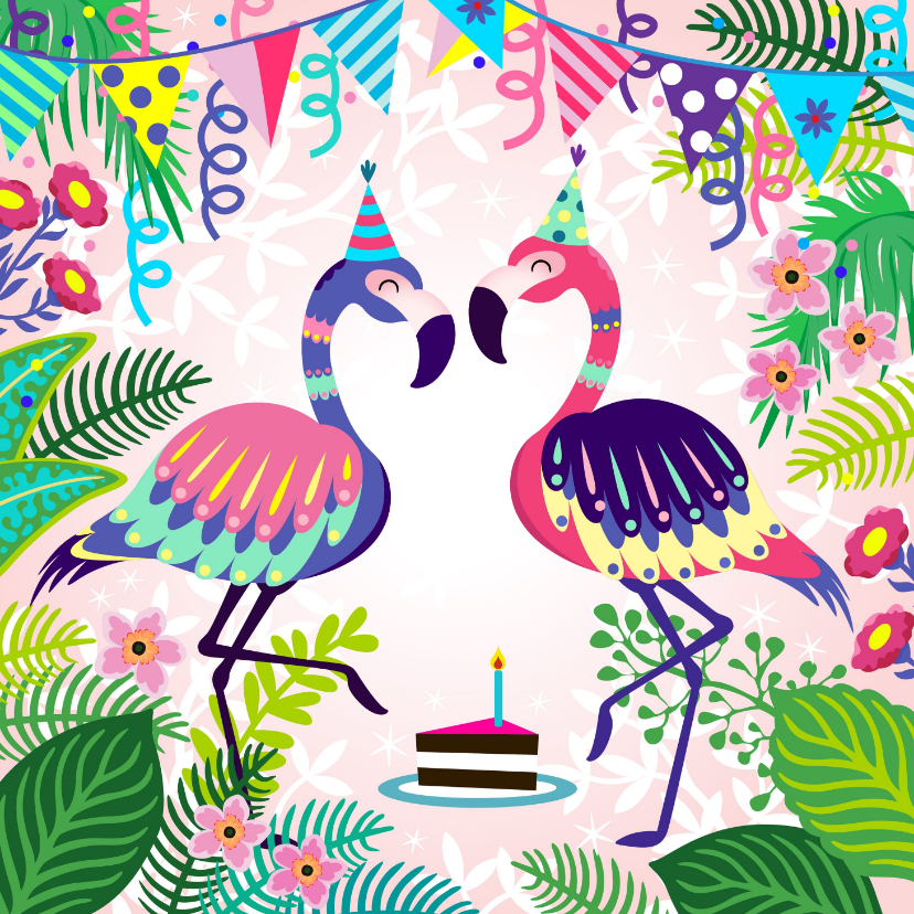 Verjaardagskaarten - Vrolijke verjaardagskaart met flamingos en planten