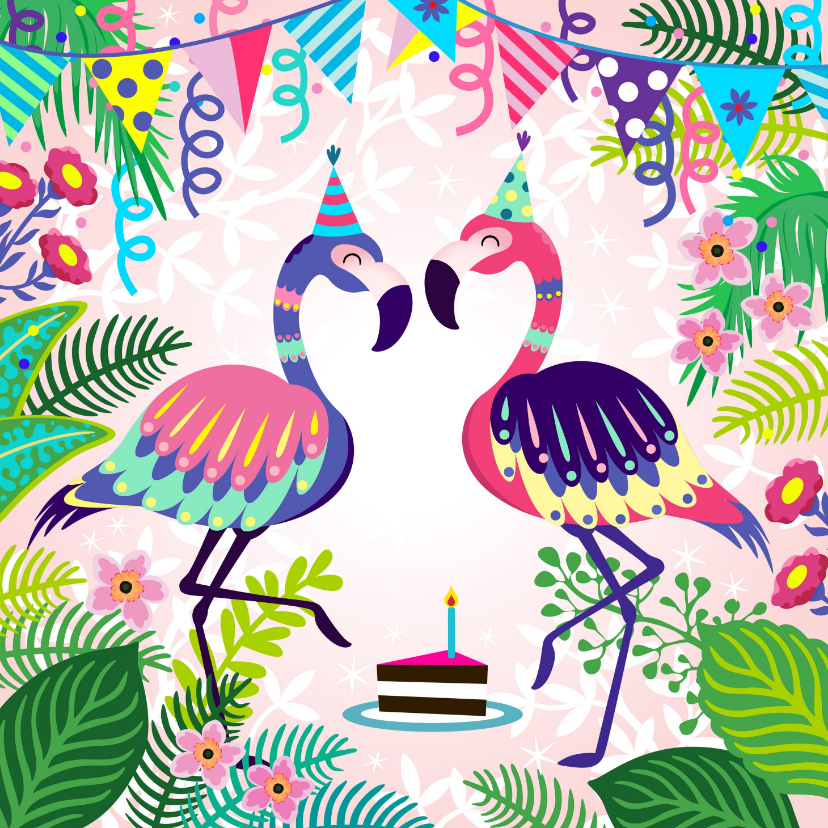 Vrolijke verjaardagskaart met flamingos en planten - Verjaardagskaarten Verjaardagskaarten - Vrolijke verjaardagskaart met flamingos en planten