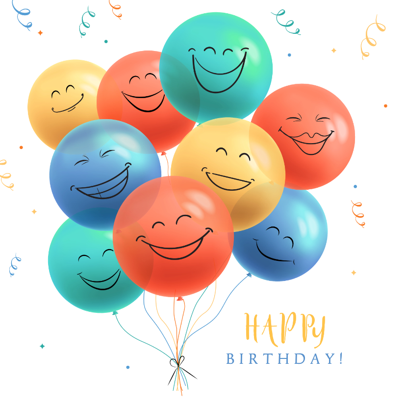 Vrolijke verjaardagskaart met gekleurde smiley ballonnen - Verjaardagskaarten Verjaardagskaarten - Vrolijke verjaardagskaart met gekleurde smiley ballonnen