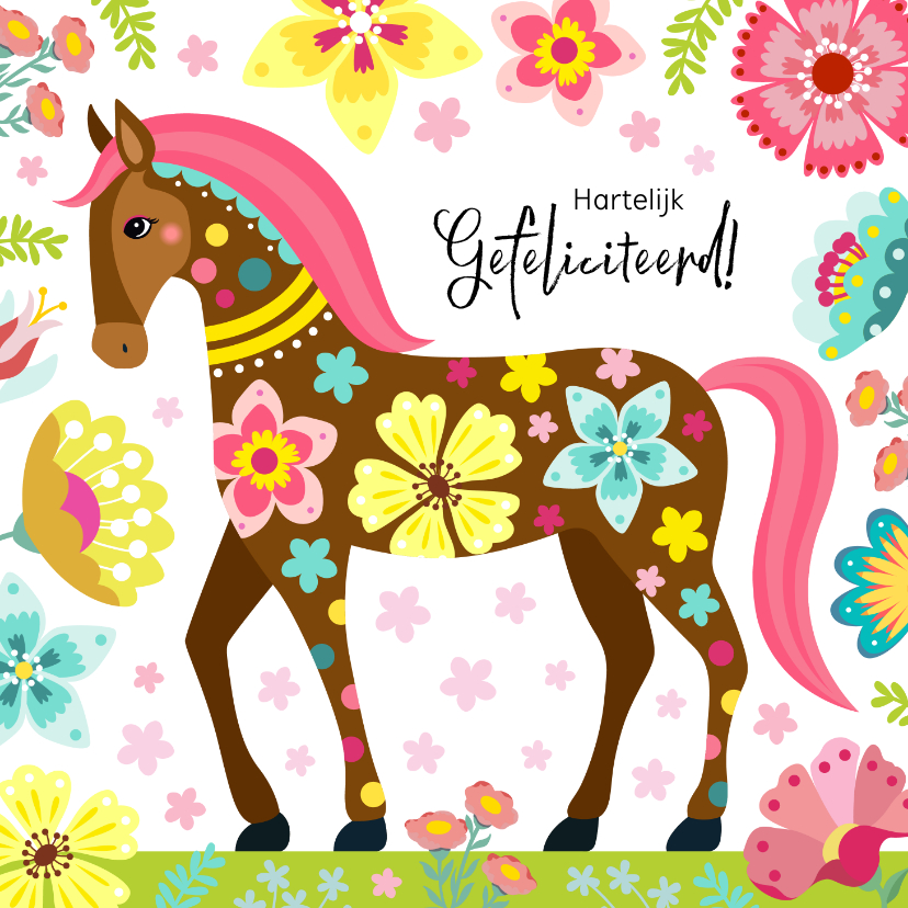 Verjaardagskaarten - Vrolijke verjaardagskaart met paard en bloemen