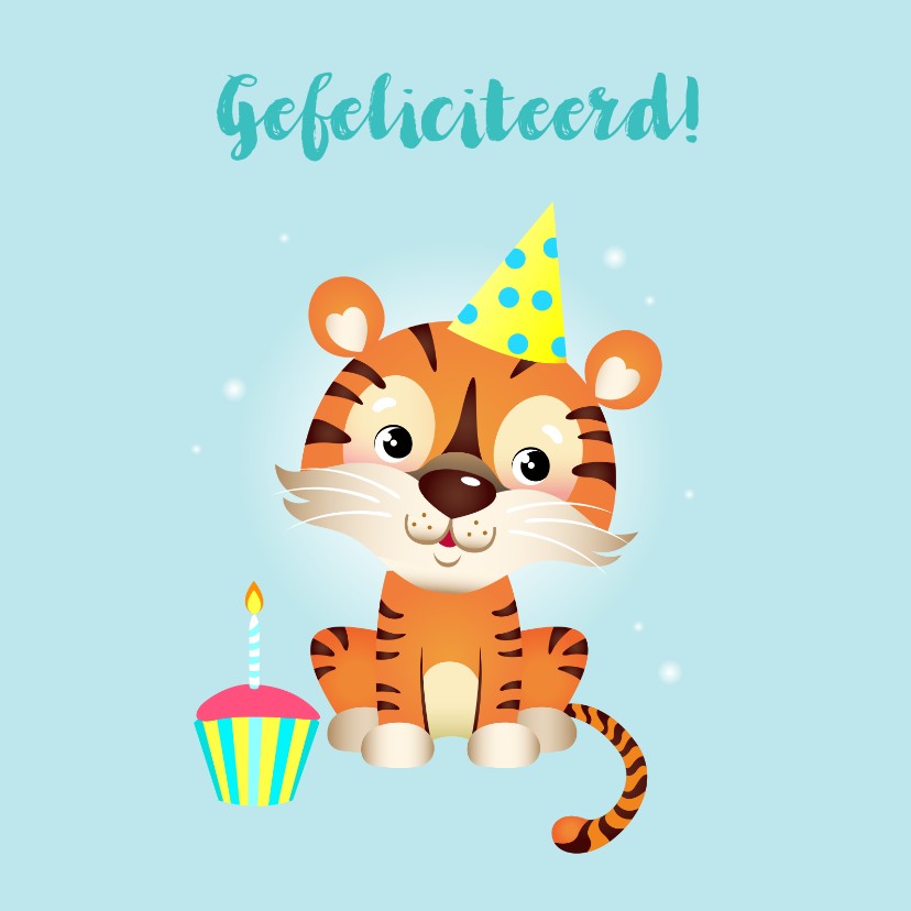 Verjaardagskaarten - Vrolijke verjaardagskaart met tijger en cupcake 