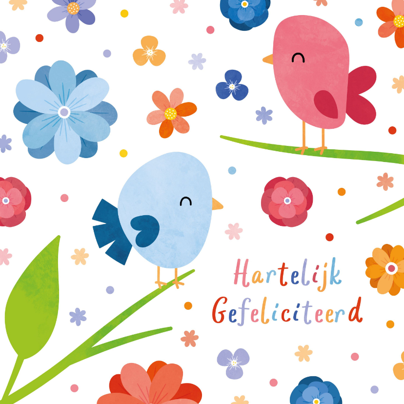 Verjaardagskaarten - Vrolijke verjaardagskaart met vogels en bloemen