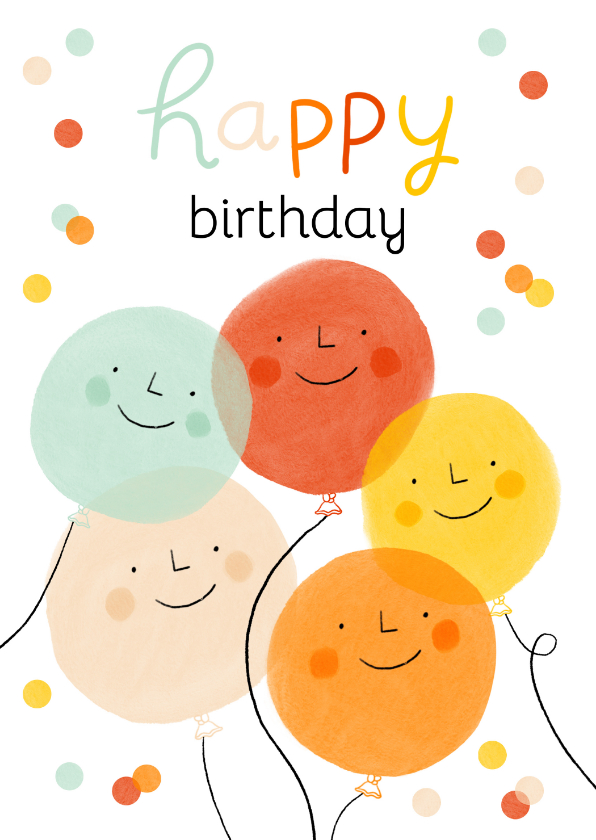 Verjaardagskaarten - Vrolijke verjaardagskaart smiley ballonnen en confetti