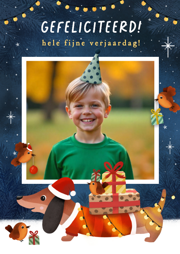 Verjaardagskaarten - Vrolijke verjaardagskaart teckel in de winter met cadeautjes