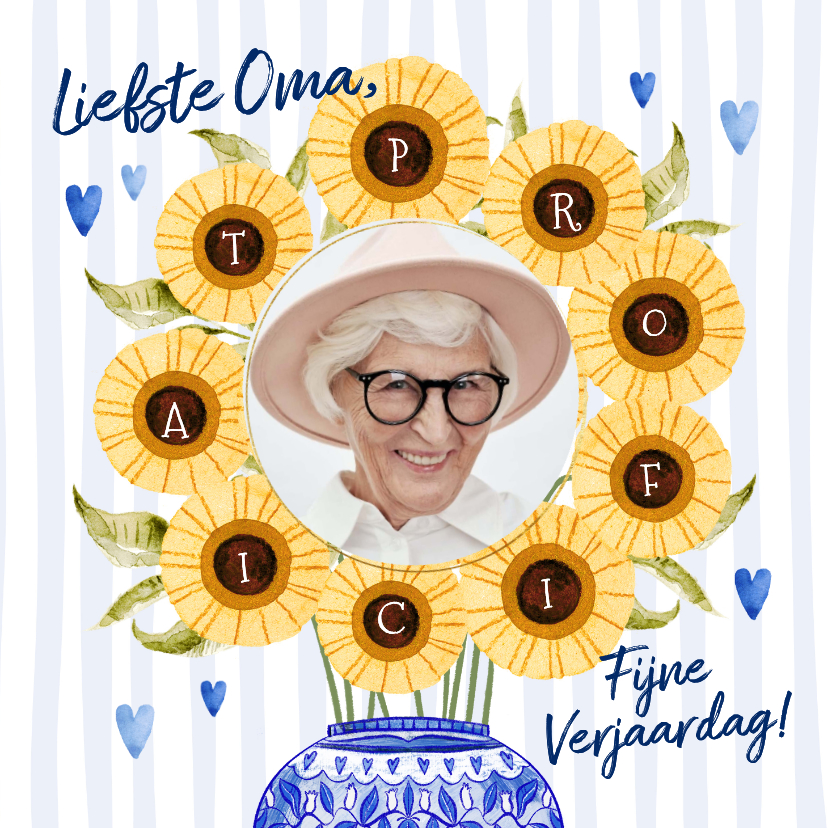 Vrolijke verjaardagskaart zonnebloemen foto vaas blauw - Verjaardagskaarten Verjaardagskaarten - Vrolijke verjaardagskaart zonnebloemen foto vaas blauw