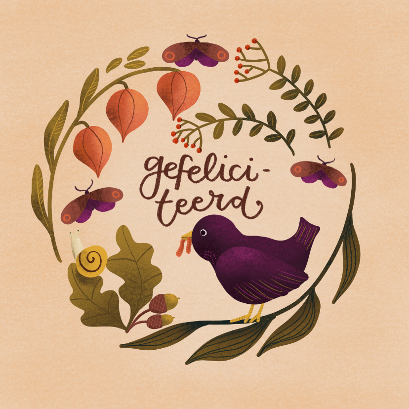 Verjaardagskaarten - Warme herfstige felicitatiekaart met vogel en vlinder