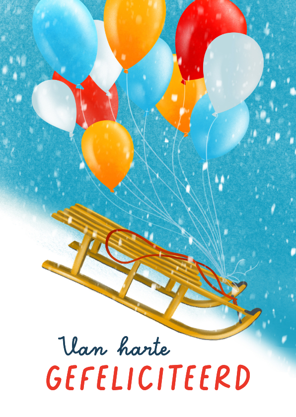 Verjaardagskaarten - Winterse verjaardagskaart met slee en ballonnen