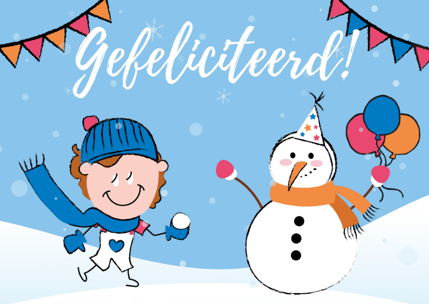 Verjaardagskaarten - Winterse verjaardagskaart met sneeuwpop