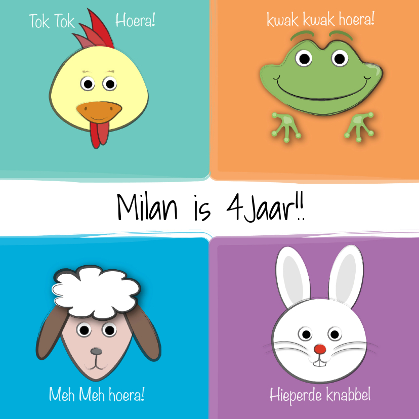Zoe-t dierenkaart met leeftijd - Verjaardagskaarten Verjaardagskaarten - Zoe-t dierenkaart met leeftijd