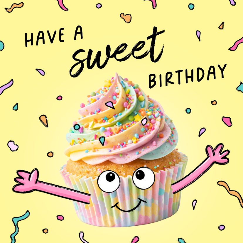 Zoete verjaardagskaart met cupcake en confetti - Verjaardagskaarten Verjaardagskaarten - Zoete verjaardagskaart met cupcake en confetti