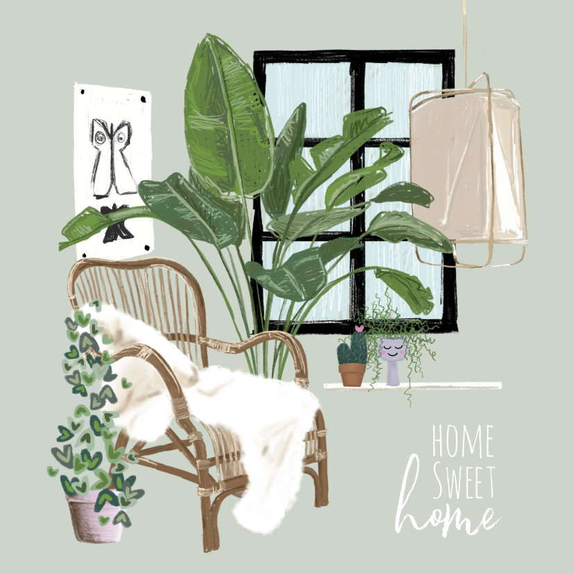 Hippe welkom thuis kaart in bohemian style met luie zitstoel - Welkom thuis kaarten Welkom thuis kaarten - Hippe welkom thuis kaart in bohemian style met luie zitstoel