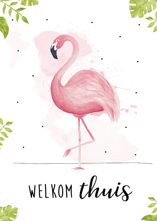 Welkom thuis kaart met tropische bladeren en roze flamingo - Welkom thuis kaarten Welkom thuis kaarten - Welkom thuis kaart met tropische bladeren en roze flamingo