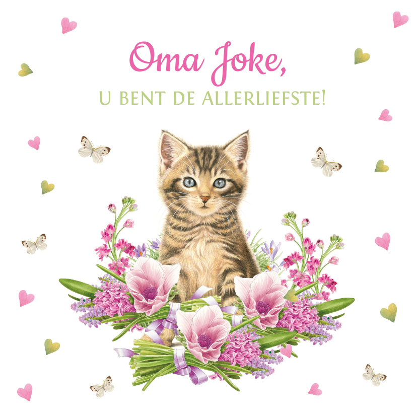 Wenskaarten - Allerliefste oma kaart met kitten, hartjes en vlinders