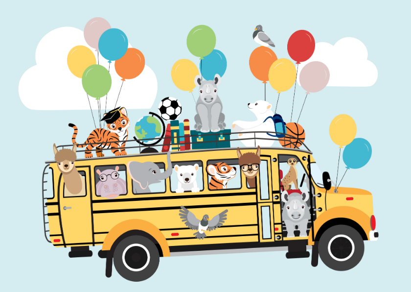 Wenskaarten - Back to School kinderkaart met schoolbus vol dierenvrienden