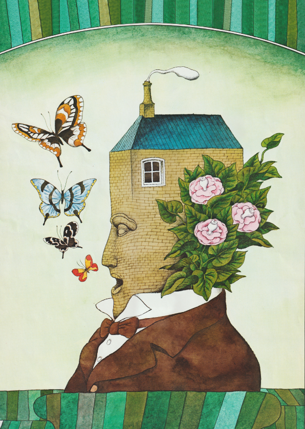 Wenskaarten - Bijzondere kaart van een gezicht als een huis met vlinders