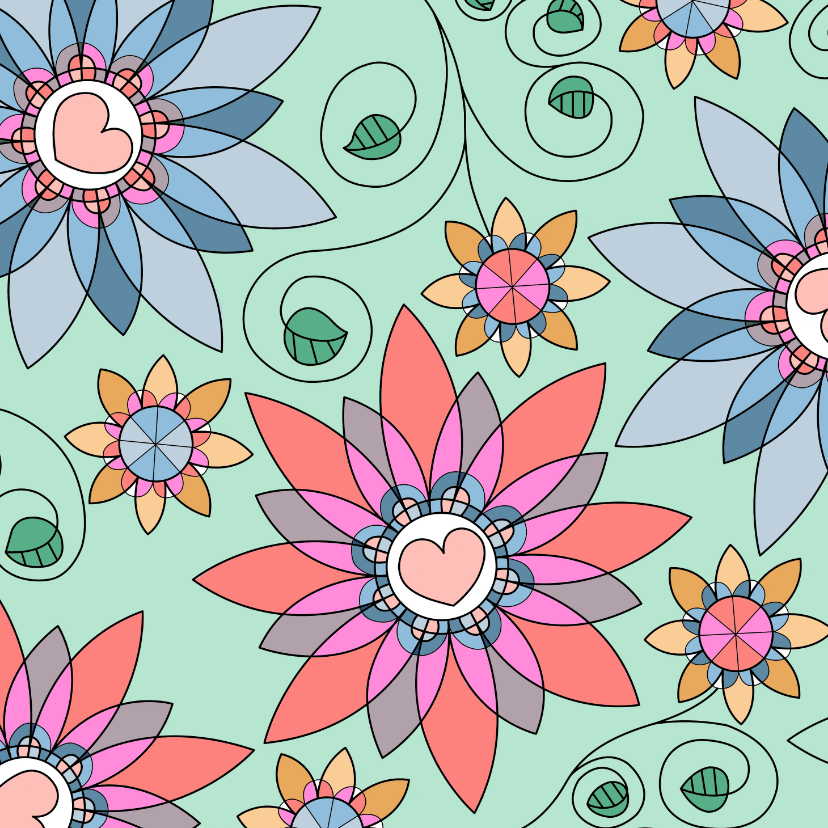 Wenskaarten - Bloemenkaart - fantasie bloemen met kleurplaat