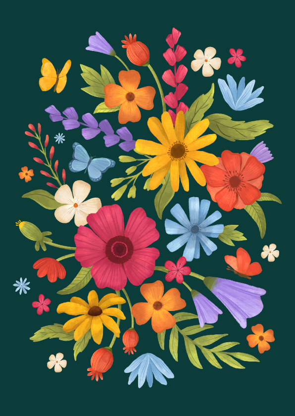 Wenskaarten - Bloemenkaart kleurrijk illustratie bloemen vlinders