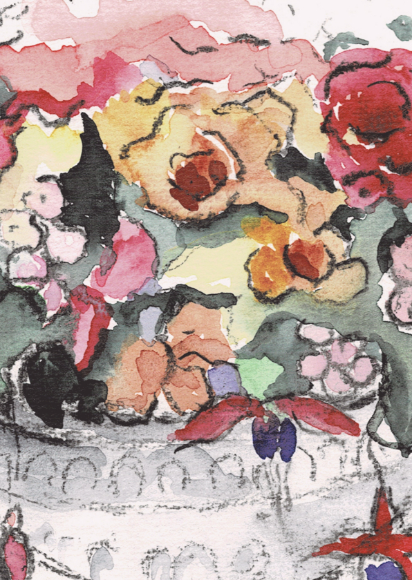 Wenskaarten - Bloemenkaart vrolijke schaal met kunstbloemen