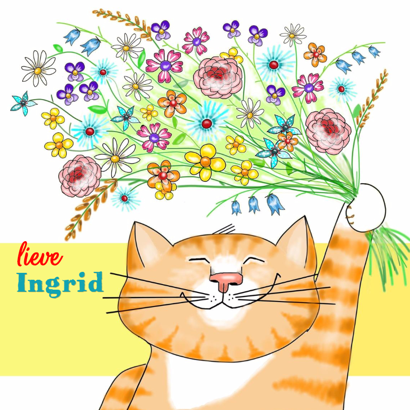 Dieren - kat met bloemen - Wenskaarten Wenskaarten - Dieren - kat met bloemen