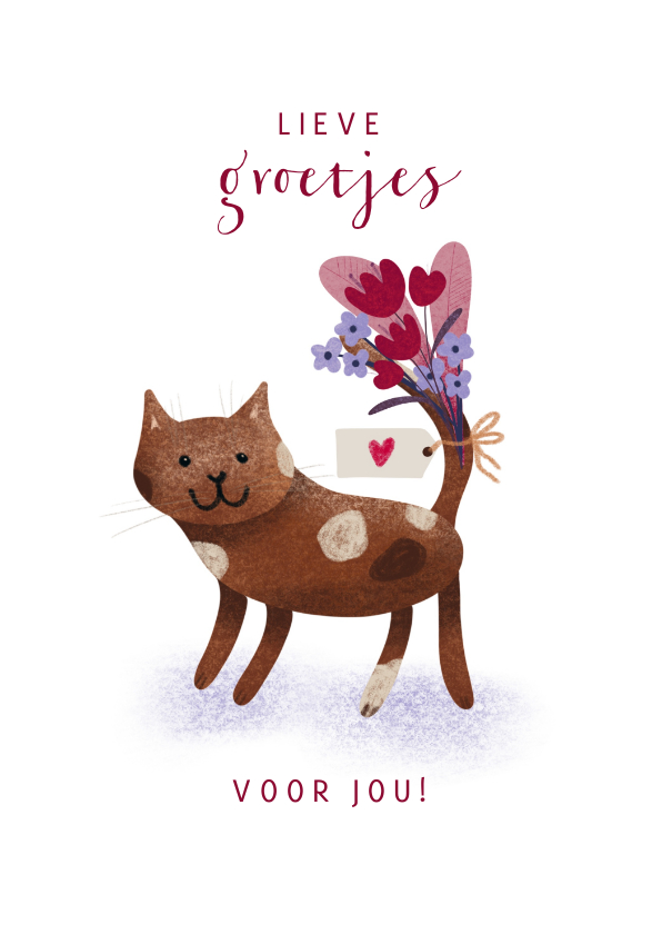 Wenskaarten - Dierenkaart met kat die bos bloemen en groetjes brengt
