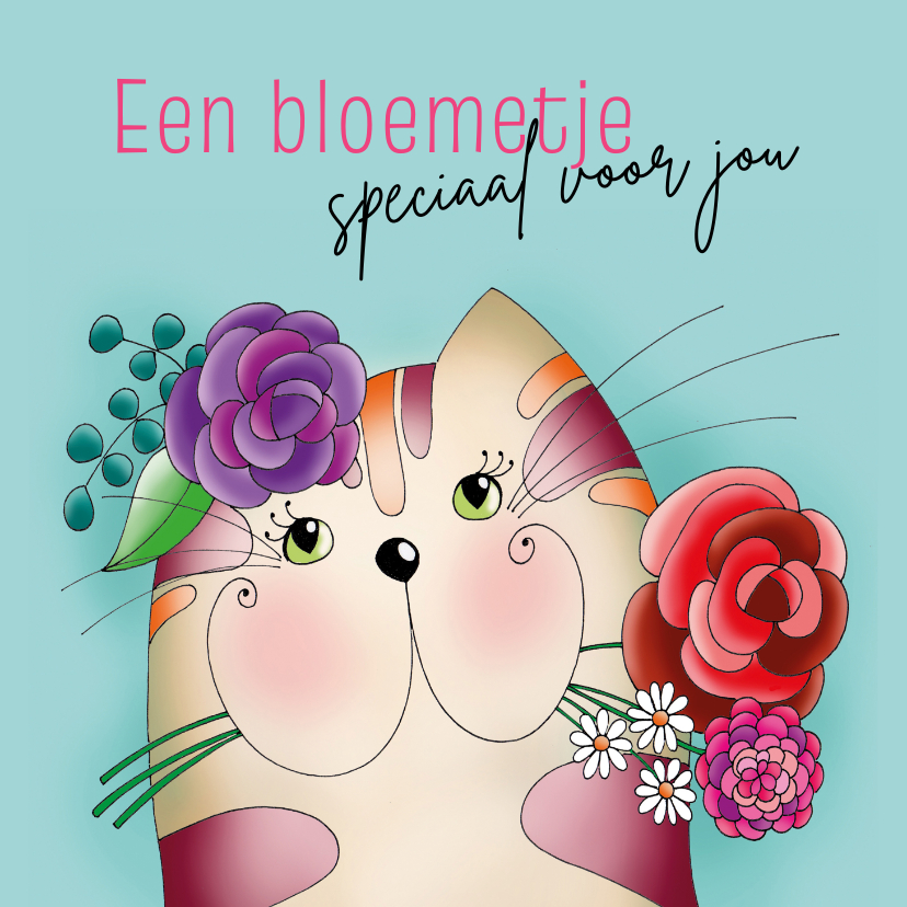 Wenskaarten - Dierenverjaardagskaart kat met bloemen